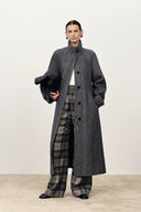 Edwina Grey Long Herringbone Coat in Lightweight Merino Wool