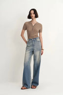 Harper Two Tone Wide Leg Jeans in Cotton Denim