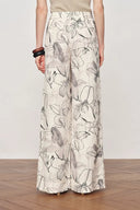 Emma Handpainted Floral Elastic Waist Wide Leg Pants in Linen Blend
