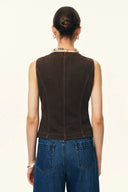 Elodie Fitted Round Neck Sleeveless Vest Top and Skirt Matching Set in Thin Denim