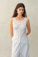 Lone Striped Embroidered Sleeveless Lace Trim Cami Top and Pants Set in Crinkled Cotton