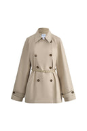 Catelo Double Breasted Leather Belted Short Trench Coat in Wrinkle Resistant Cotton