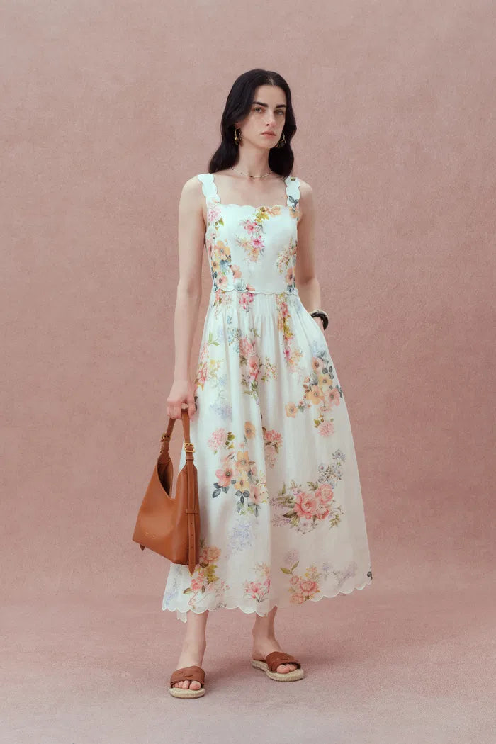 Xena Watercolor Flora Embroidery Strap Dress in Silk-Linen