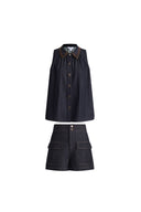 Zach Sleeveless Top and Shorts Matching Set in Silk-Cotton Denim
