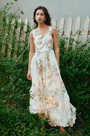 Xena Watercolor Flora Embroidery Strap Dress in Silk-Linen