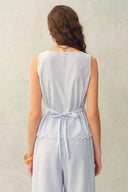 Lone Striped Embroidered Sleeveless Lace Trim Cami Top and Pants Set in Crinkled Cotton