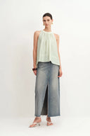 Leah Avocado Green Tencel Blend Ruffle Off-Shoulder Top
