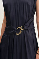 Celeste Sleeveless Navy Dress in Pleated Satin