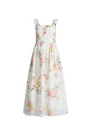 Xena Watercolor Flora Embroidery Strap Dress in Silk-Linen