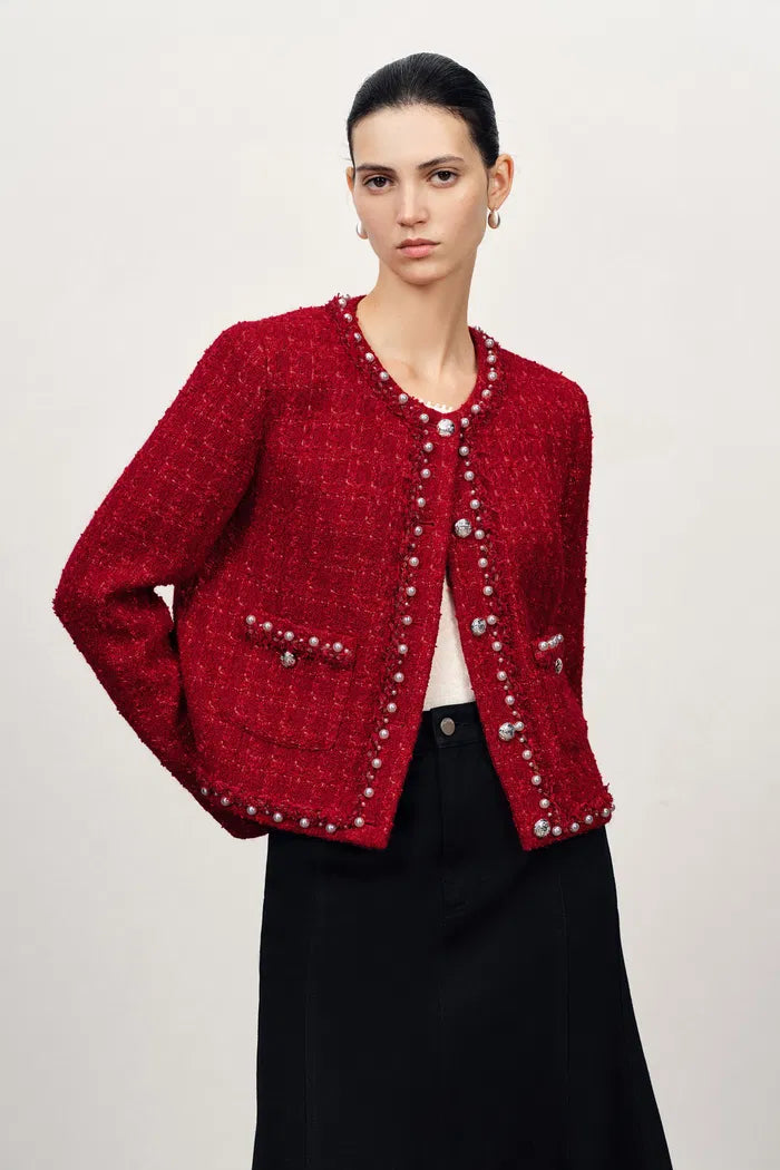 Seraphina Pearl Beaded Trims Boxy Jacket in French Tweed