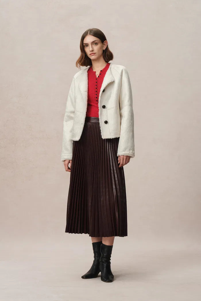 Arran 手工编织仿羊皮纽扣短款大衣