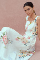 Xena Watercolor Flora Embroidery Strap Dress in Silk-Linen