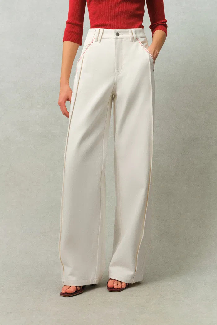 Genevieve Color Blocked White Jeans in Cotton Denim