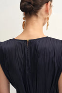 Celeste Sleeveless Navy Dress in Pleated Satin