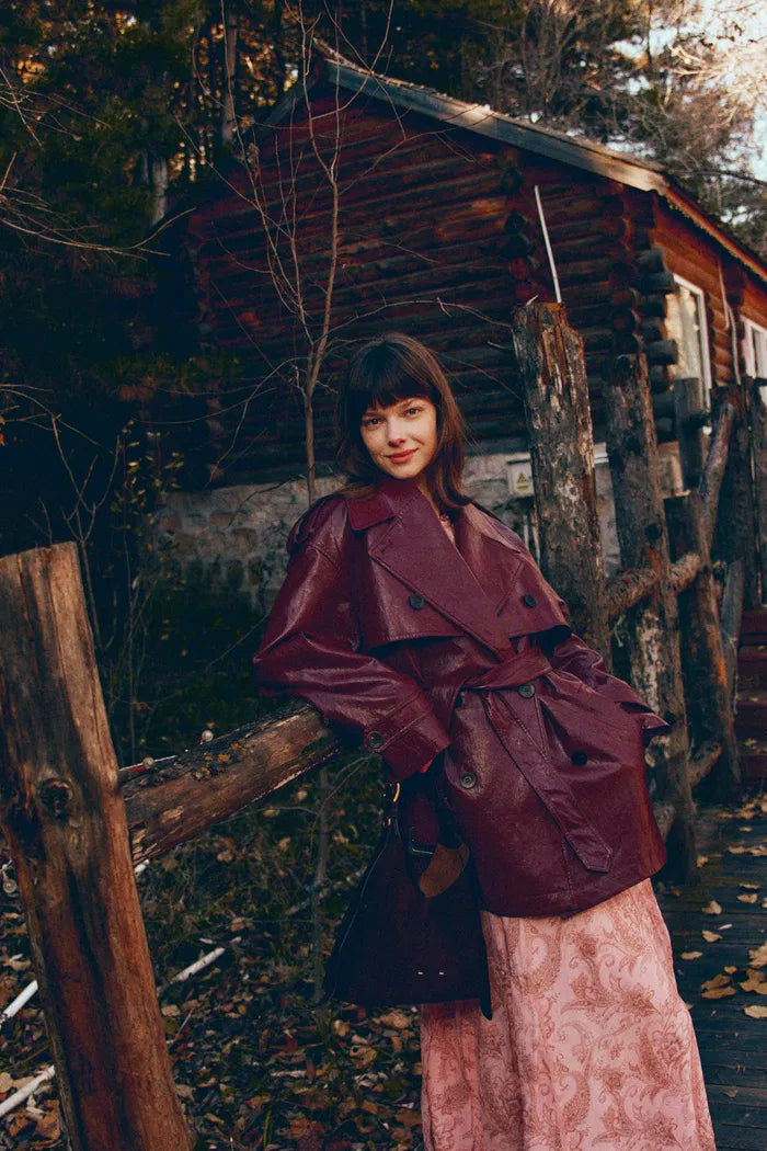 Ostro Trench Style Coat in Waxed Faux Leather