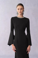 Nokta Hand Sewn Rhinestone Collar Maxi Dress in Linen Style Suiting