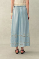 Shirley Eyelet Embroidered Washed Light-Blue Denim Skirt in Tencel Denim