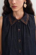 Zach Sleeveless Top and Shorts Matching Set in Silk-Cotton Denim