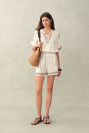 Becky Cross Stitch Tie Front Short Sleeve Shirt and Shorts Set in Linen Blend