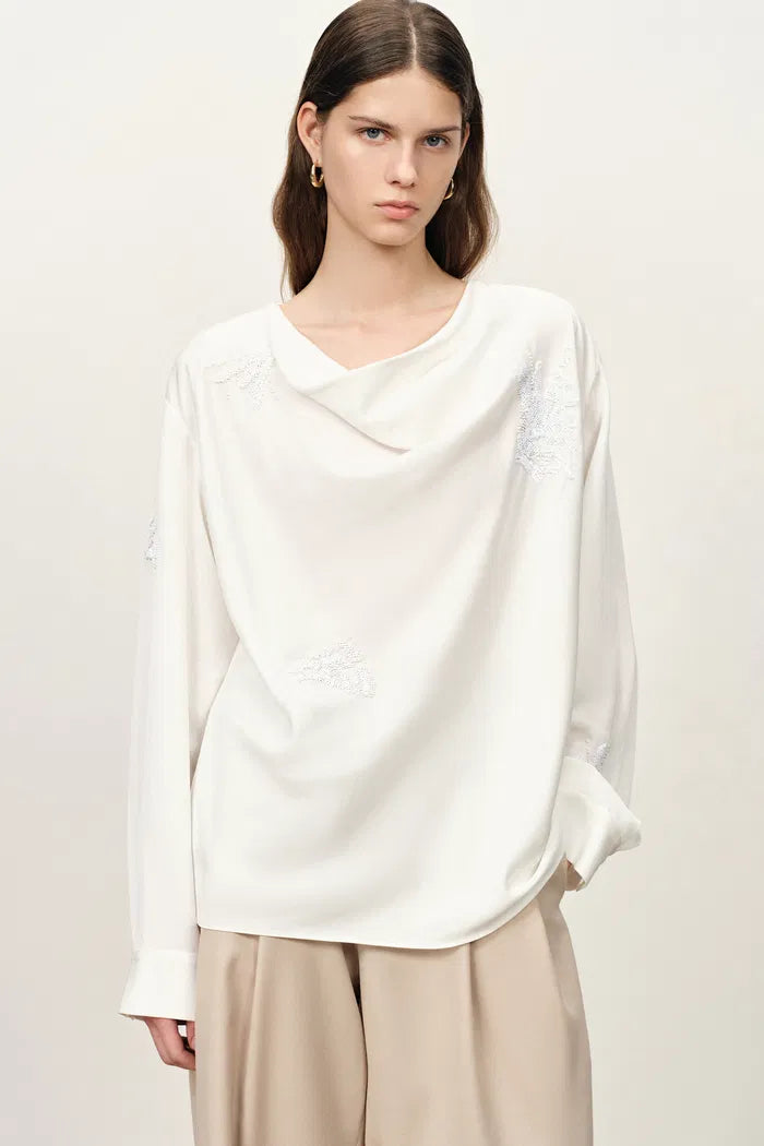 Bianca Drape Neck Sequin Embroidered Blouse in Acetate Twill