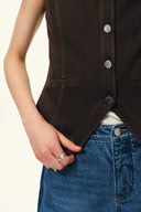 Elodie Fitted Round Neck Sleeveless Vest Top and Skirt Matching Set in Thin Denim