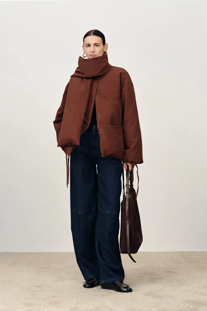 Aimee Detachable Scarf Down Jacket in Hollow Yarn Fine Twill