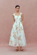 Xena Watercolor Flora Embroidery Strap Dress in Silk-Linen