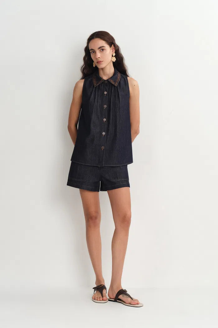 Zach Sleeveless Top in Silk-Cotton Denim