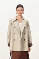 Catelo Double Breasted Leather Belted Short Trench Coat in Wrinkle Resistant Cotton