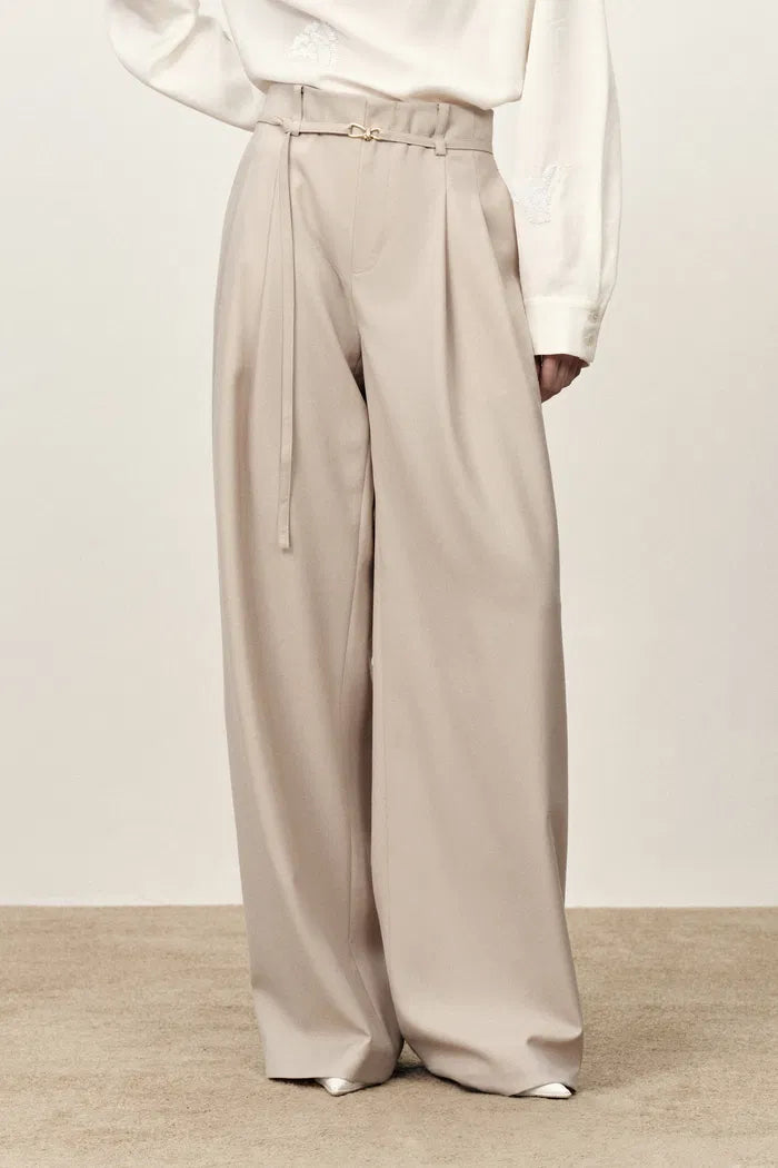 Halley Tie Waist Wide Leg Suit Pants in Wrinkle Resistant Suiting Fabric