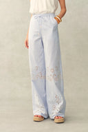 Lone Striped Embroidered Sleeveless Lace Trim Cami Top and Pants Set in Crinkled Cotton