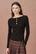 Eden Grey Bow Tie Fitted Top in Merino Wool with Stretch Knit