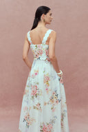 Xena Watercolor Flora Embroidery Strap Dress in Silk-Linen