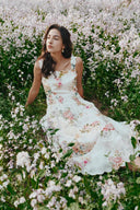 Xena Watercolor Flora Embroidery Strap Dress in Silk-Linen