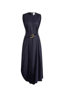 Celeste Sleeveless Navy Dress in Pleated Satin