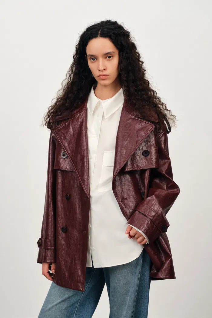 Ostro Trench Style Coat in Waxed Faux Leather