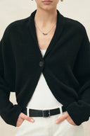 Gracia Black One Button Batwing Sleeve Knit Cardigan in Wool Blend