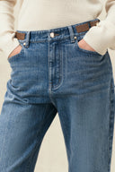 Odelia Leather Buckle Straight Leg Jeans in Cotton Denim