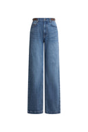 Odelia Leather Buckle Straight Leg Jeans in Cotton Denim